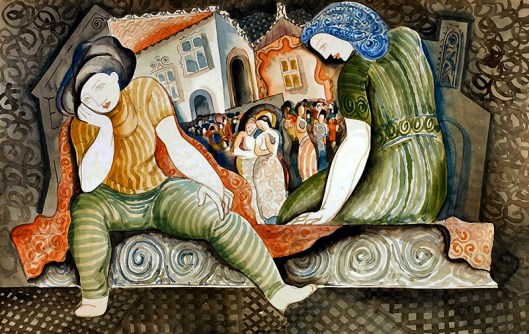 kadar Bela  (1877-1955) figures in a square watercolor on cardboardA